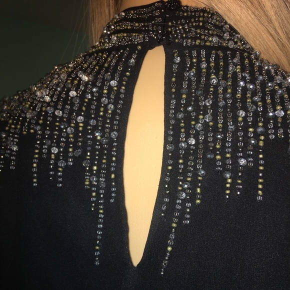 ST JOHN Couture Black 100% Silk Rhinestone Bead Embellished Cocktail Top - Picture 5 of 8